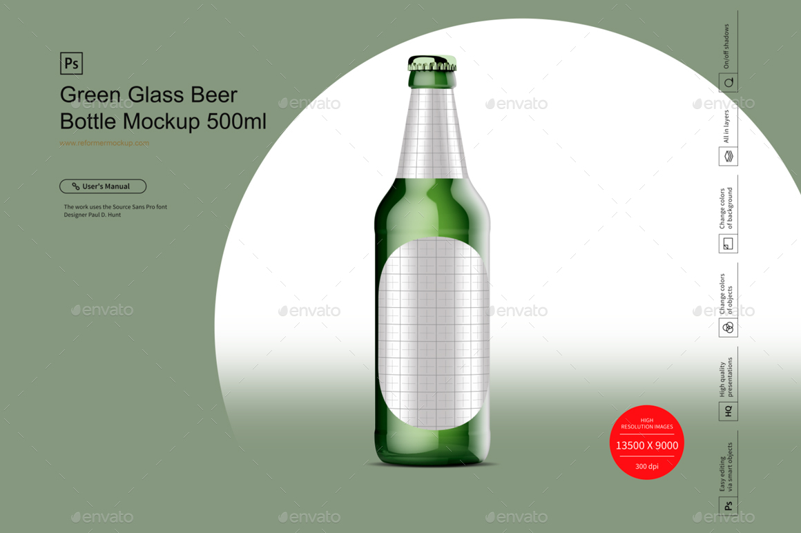 Green Glass Beer Bottle Mockup 500ml, Graphics | GraphicRiver